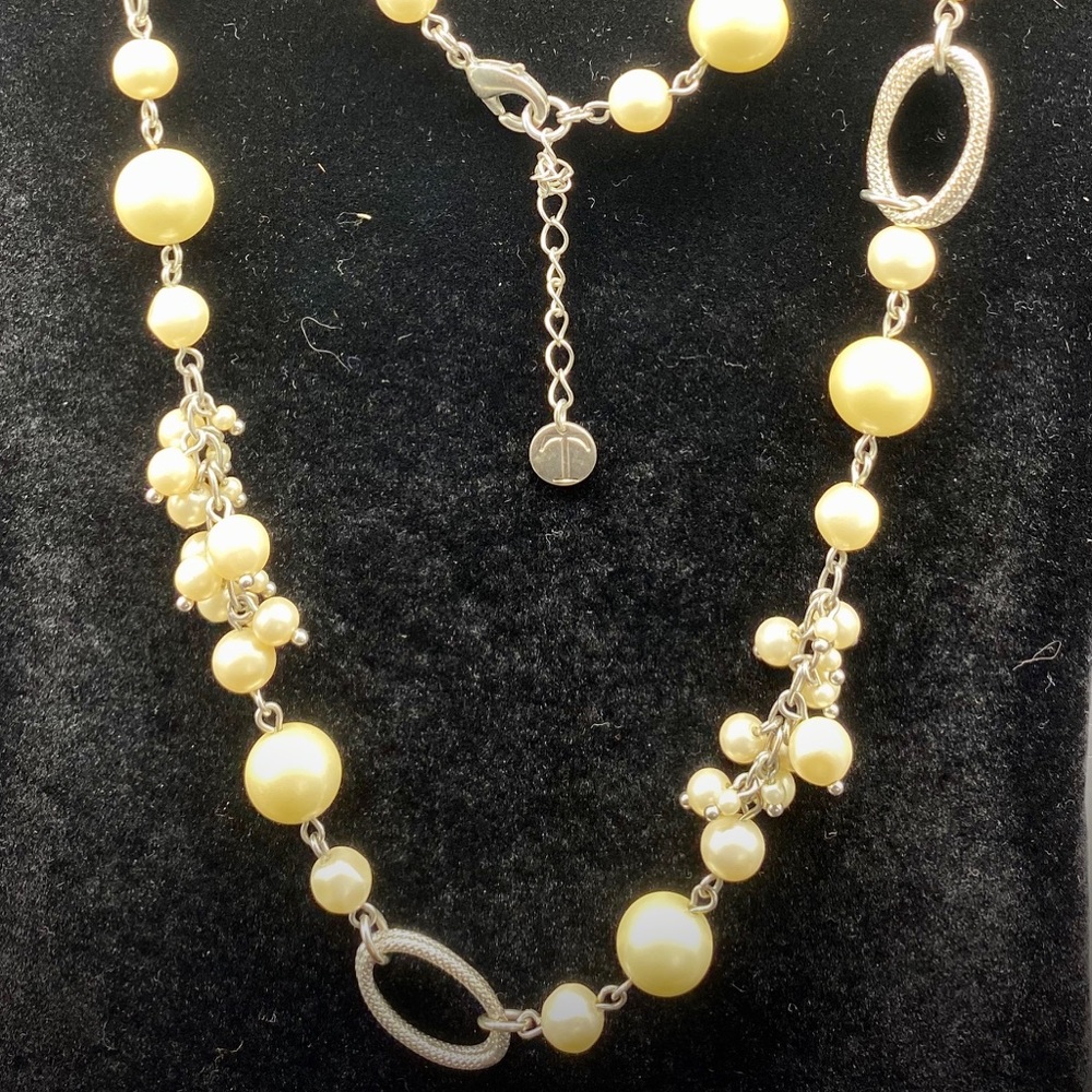 Talbots pearl clustered long silver tone chain